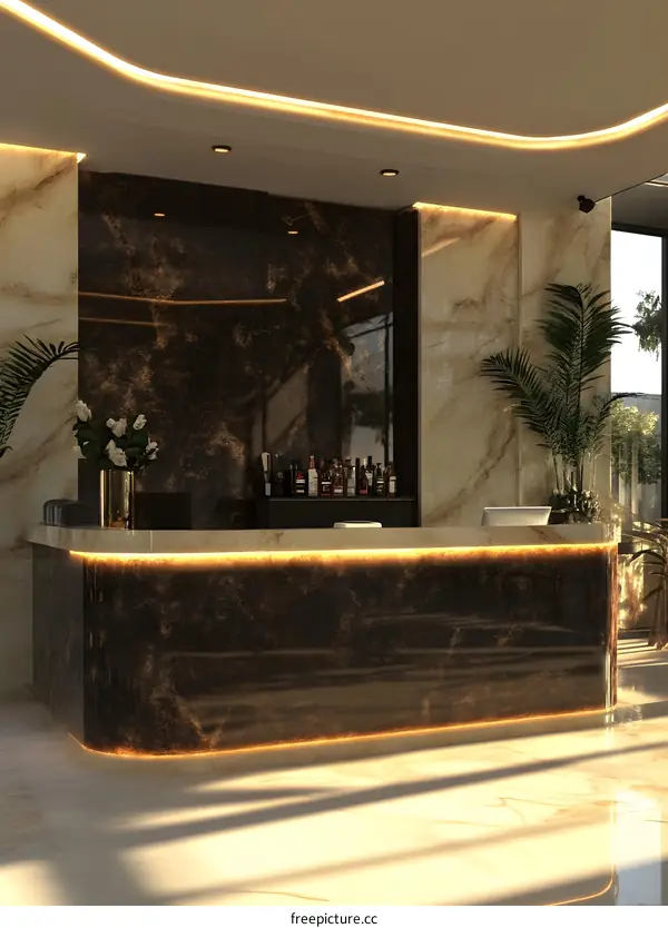 Modern Hotel Lobby Interior Design with Marble Walls and Bar Counter