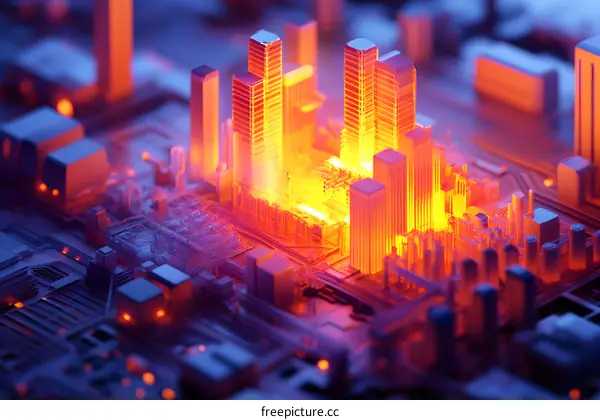 Abstract 3D Cityscape with Illuminated Buildings on a Circuit Board
