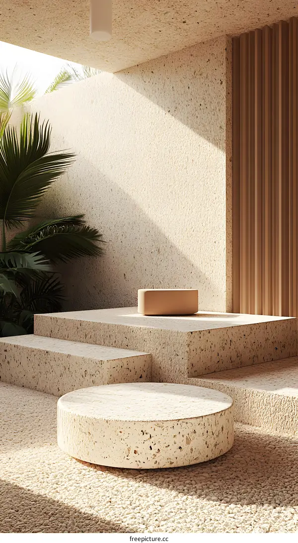 Minimalist Stone Platform With Palm Tree Background
