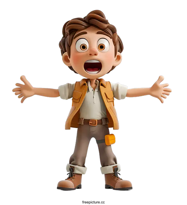 [Transparent Background PNG]A 3D illustration of a young boy with brown hair and brown eyes. He is wearing a khaki vest, a white shirt, and brown pants. He has his arms outstretched and his mouth is open in surprise.