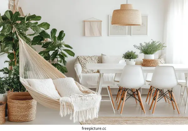 White Living Room Decor with Hammock