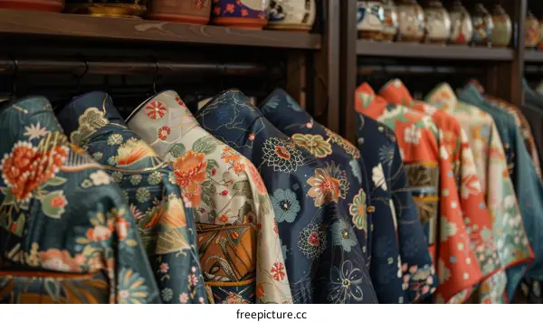 A rack of traditional Japanese kimono with floral patterns.