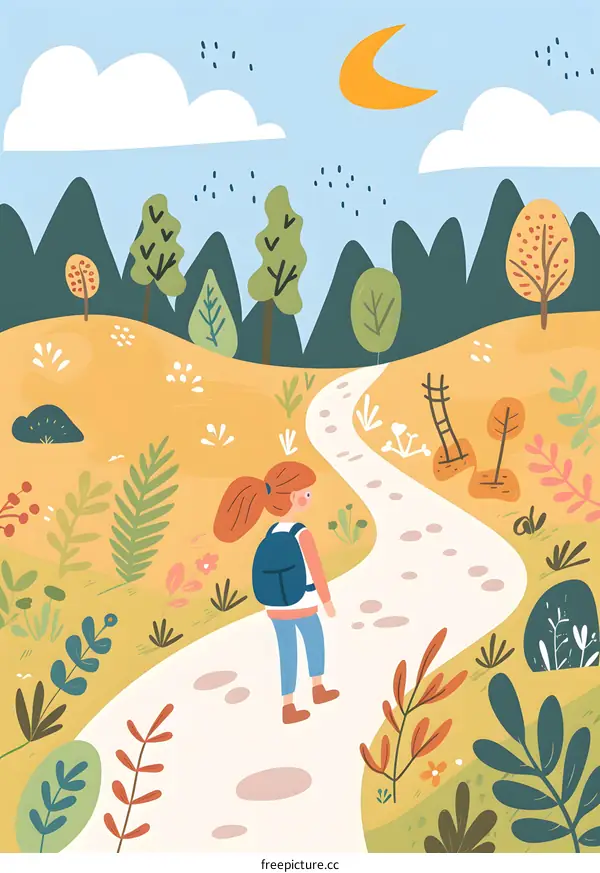 Girl Walking on Winding Path in Forest Illustration