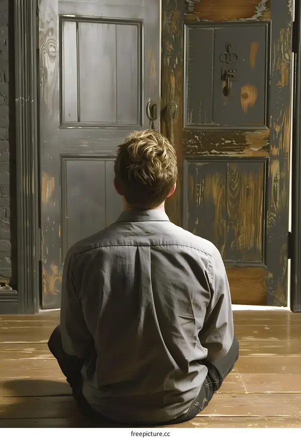 Man Sitting in Front of Two Doors