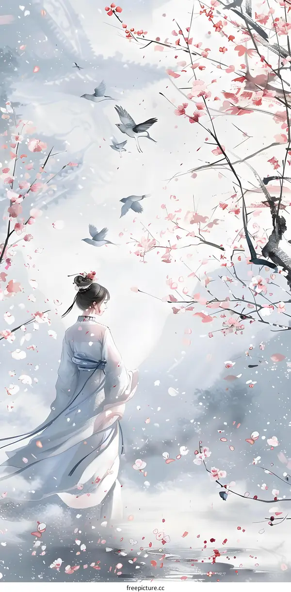 Woman in Traditional Chinese Dress Standing in a Garden of Blossoming Trees