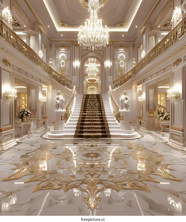 Luxury mansion interior with staircase and chandelier
