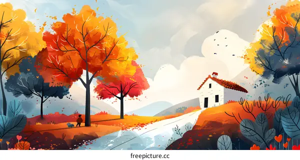 the little boy walking on the hillside with his dog in autumn