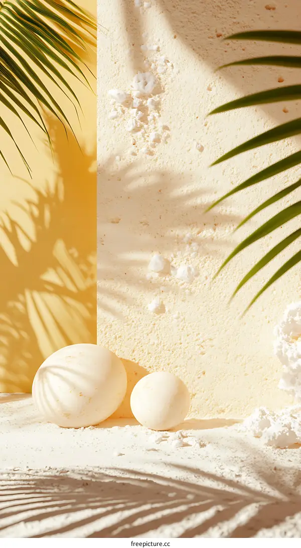 Minimalist Summer Background with White Balls and Palm Leaf Shadow