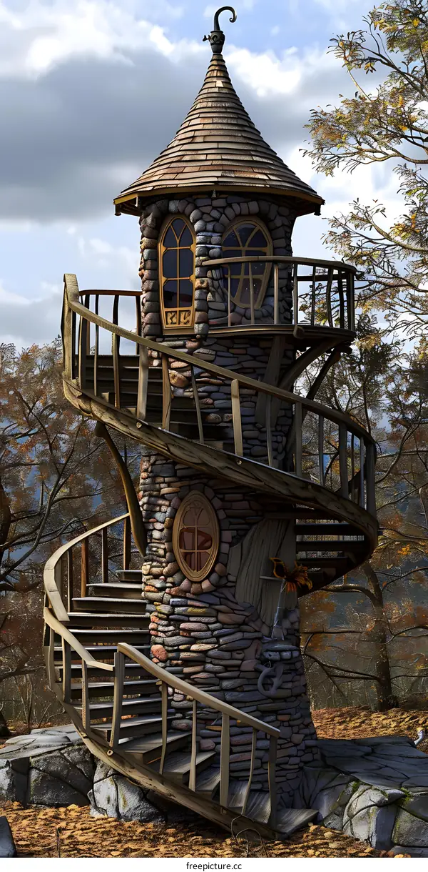 Stone Tower with Spiral Staircase and Autumn Leaves
