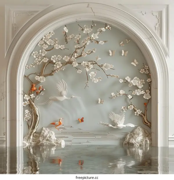 3D Wall Carvings of Birds and Flowers Landscape