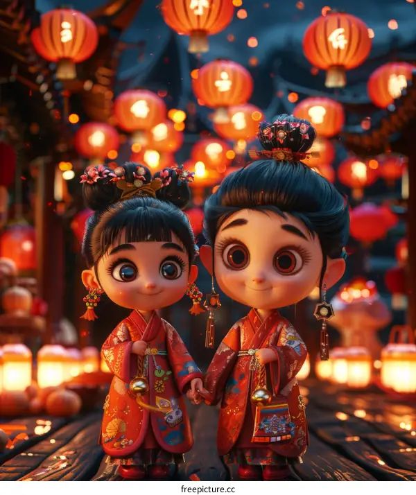 Two Chinese girls in traditional clothes holding hands in a street with red lanterns