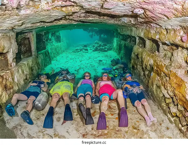 Scuba Divers Resting Inside Underwater Shipwreck