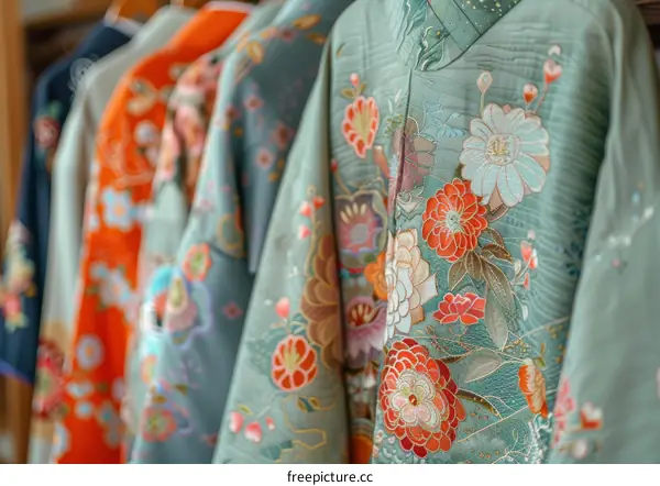 A rack of kimono with floral patterns