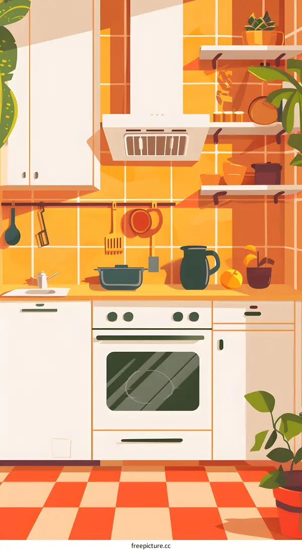 Orange and White Kitchen Interior Design with Checkered Tile Floor