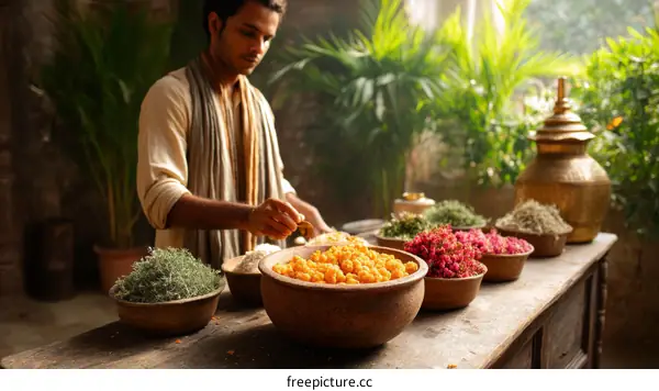 Indian Herbalist Preparing Remedies