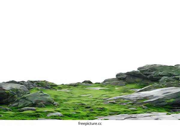 Green Moss Covered Rocks Landscape with White Background