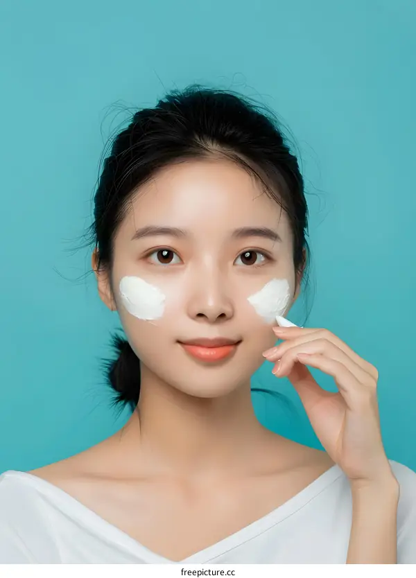 Young Asian Woman Applying Facial Mask on Blue Background