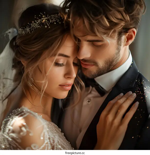 A Blonde Bride and a Handsome Groom Hug Each Other Passionately at Their Wedding