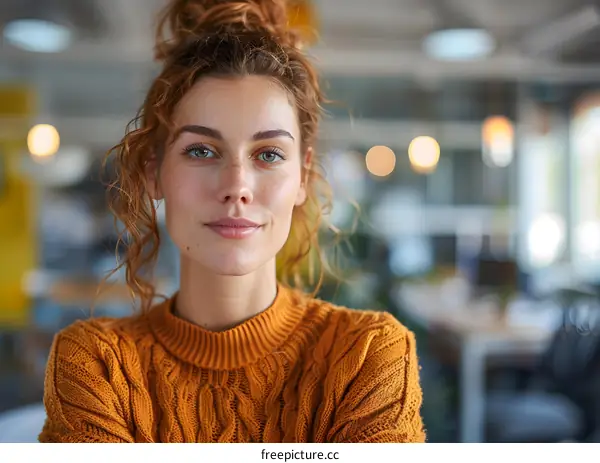 Portrait of a Beautiful Woman with Curly Hair in an Office Setting