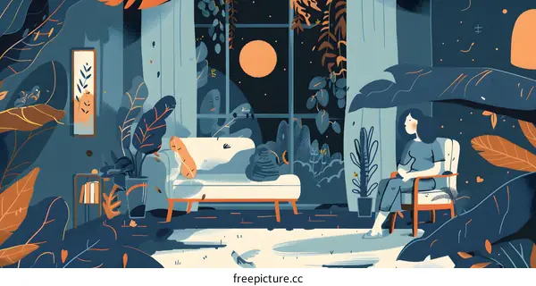 Woman Sitting in Chair by Window with Plants and Moon