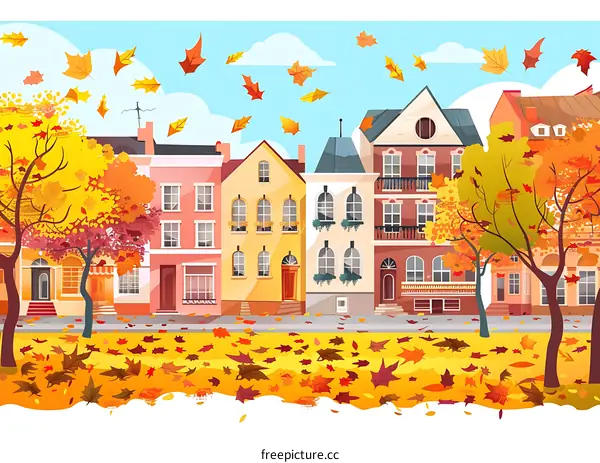 Autumn City Street With Fall Leaves And Buildings