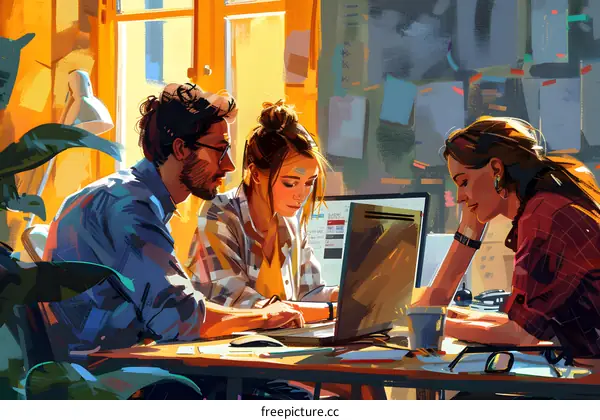 Three Colleagues Working Together on a Project in a Bright Office