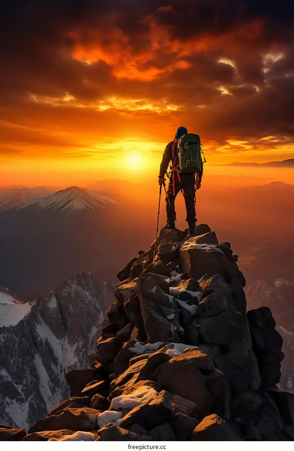 Man on the top of the mountain watching the sunset