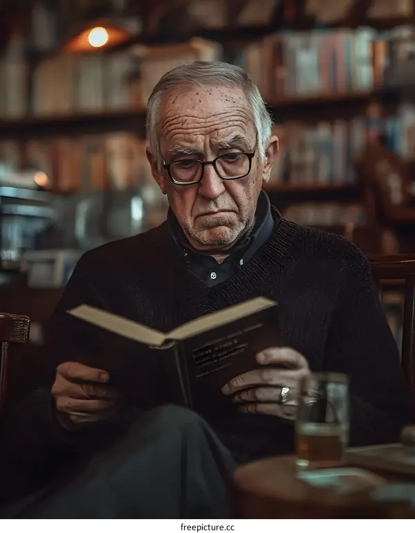 Elderly Man Reading Book in Library