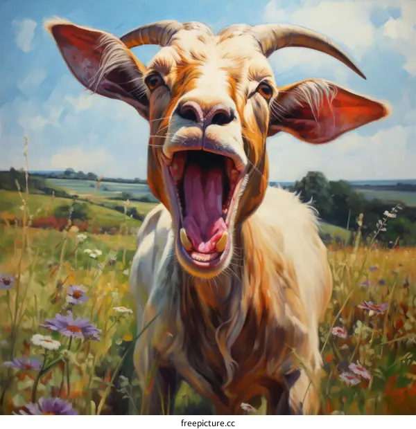 A screaming goat in a field of flowers