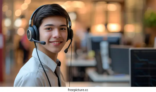 Portrait of a smiling young male customer service representative wearing a headset.
