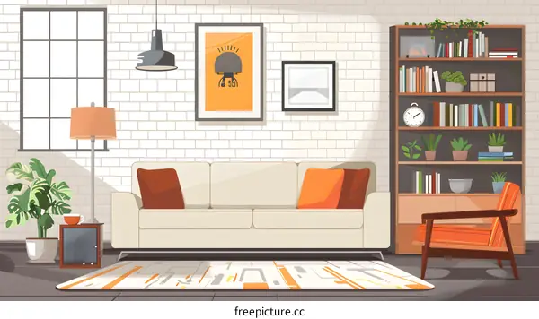 Modern Living Room Interior Design with White Brick Wall