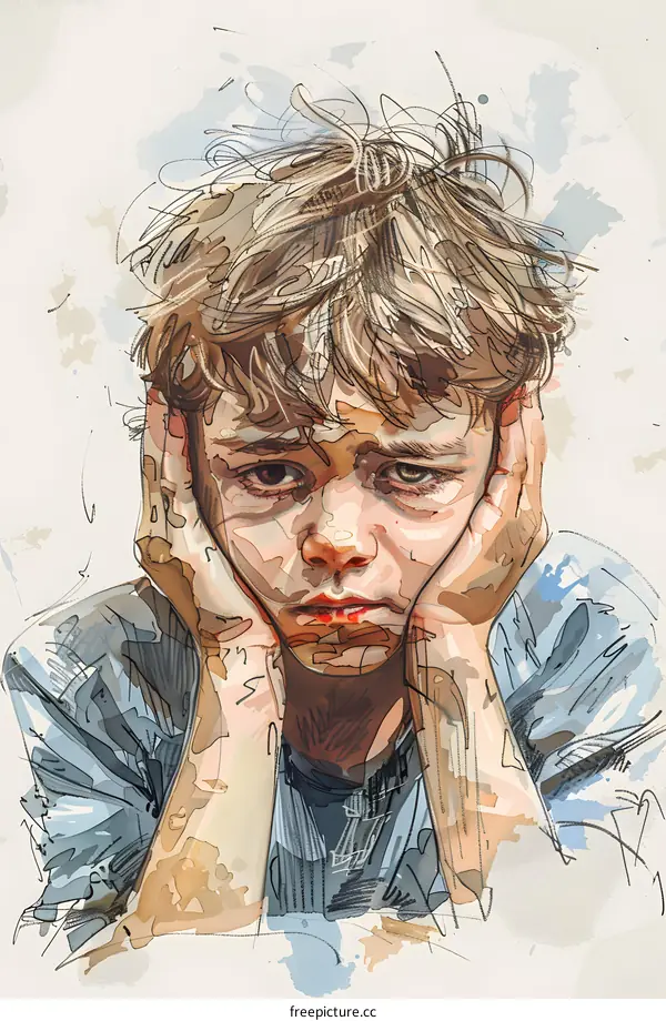 Watercolor Portrait of a Sad Young Boy