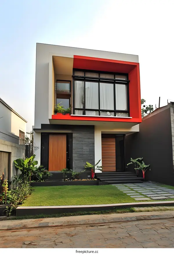 Modern Home Exterior with Red Trim and Green Lawn