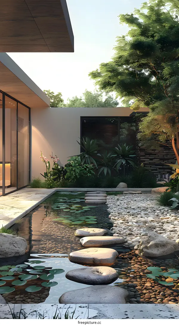 Modern Minimalist Backyard Design with Stepping Stones Pond and Lush Greenery