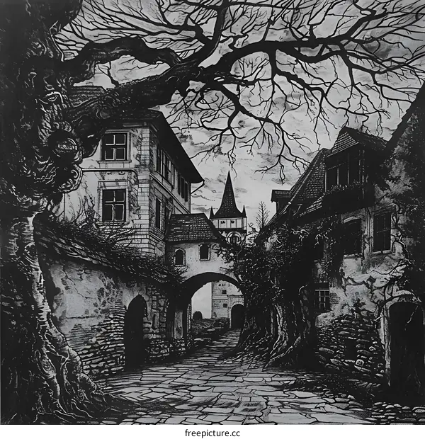 Black and White Illustration of a Medieval Town