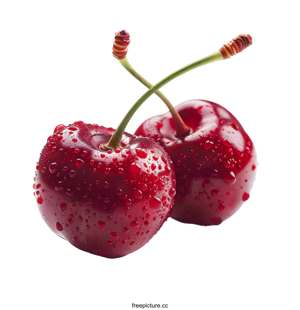 [Transparent Background PNG]Two fresh cherries with water drops
