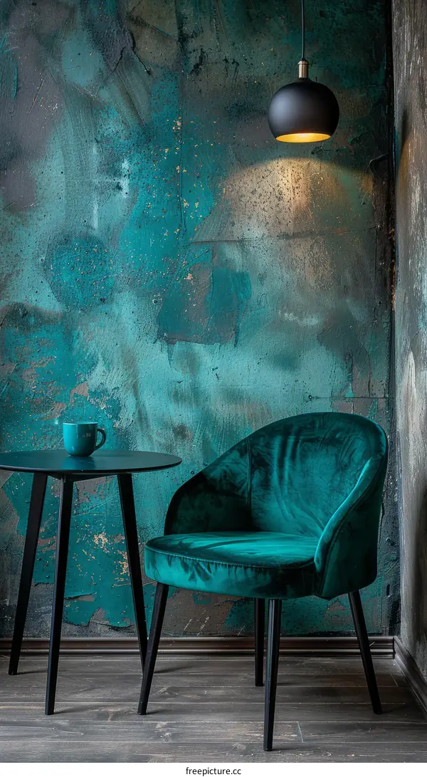 Blue velvet chair in front of a blue-green wall