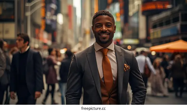 A young African-American professional man is smiling and walking in a busy city street.