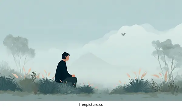 A solitary figure sits amidst a misty mountain landscape