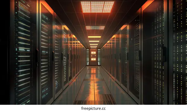 Server room with rows of server racks containing multiple server blades