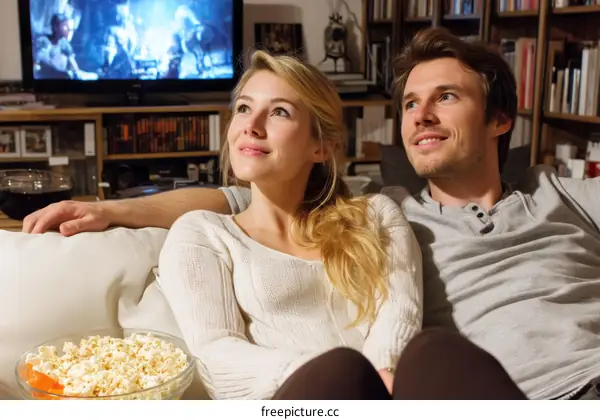 Couple Relaxing at Home Watching TV with Popcorn