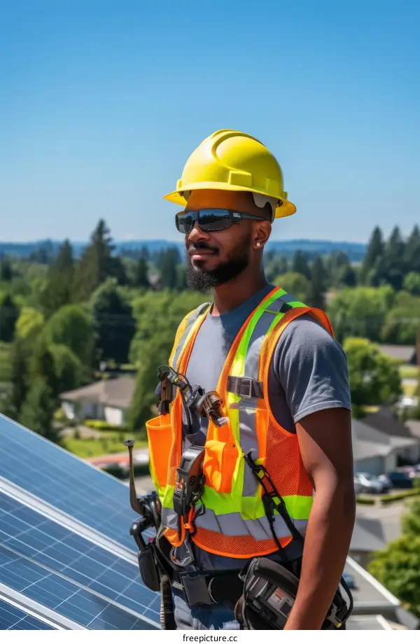 African American man installing solar panels on a roof