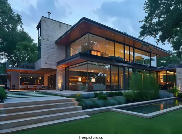 Modern House with Large Glass Windows and Swimming Pool
