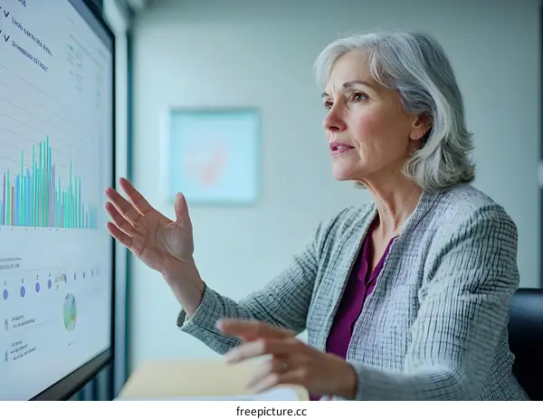 Woman Presenting Data on a Large Screen in a Meeting