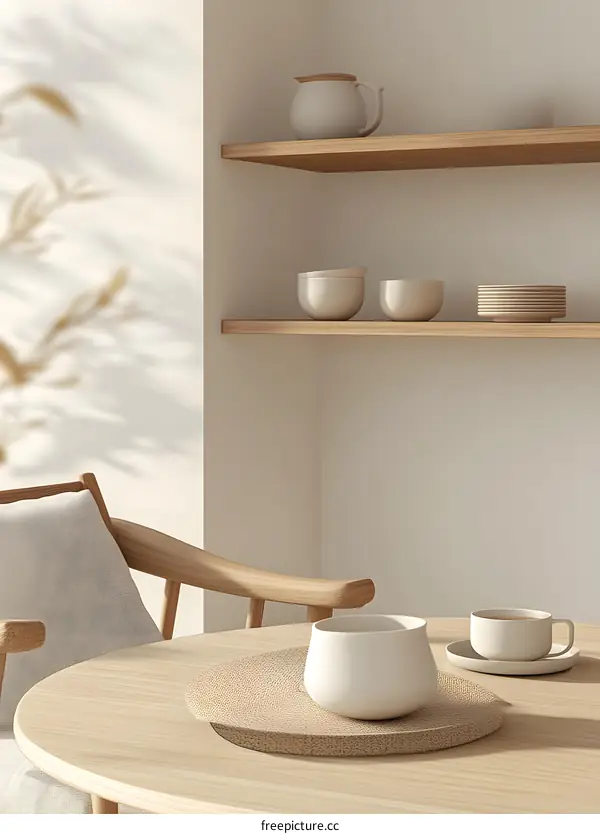 Minimalist Style White Teacup on Wooden Table