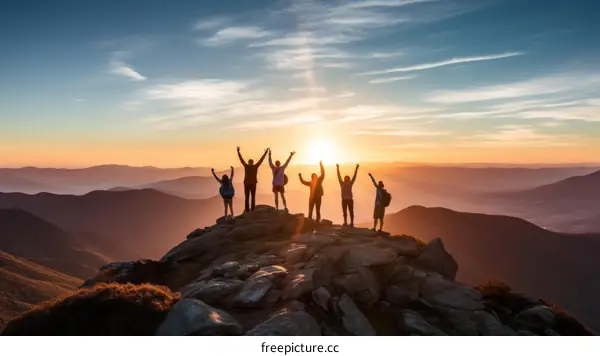 A group of friends celebrating their successful hike to the summit of a mountain