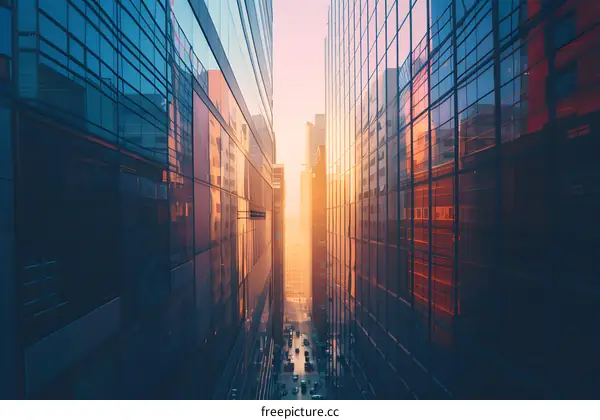 Glass Buildings Reflecting Sunset in City