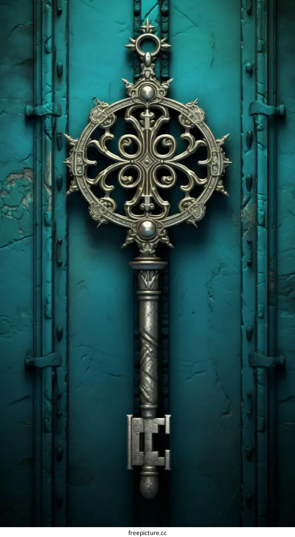 Ornate silver key with Celtic knotwork on a blue background
