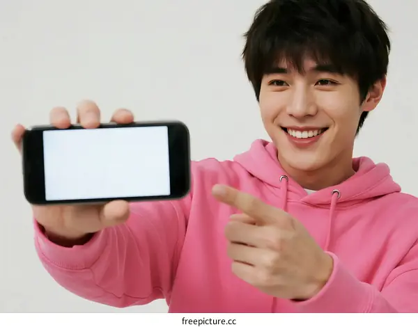 A young man in pink hoodie showing a smartphone with blank screen