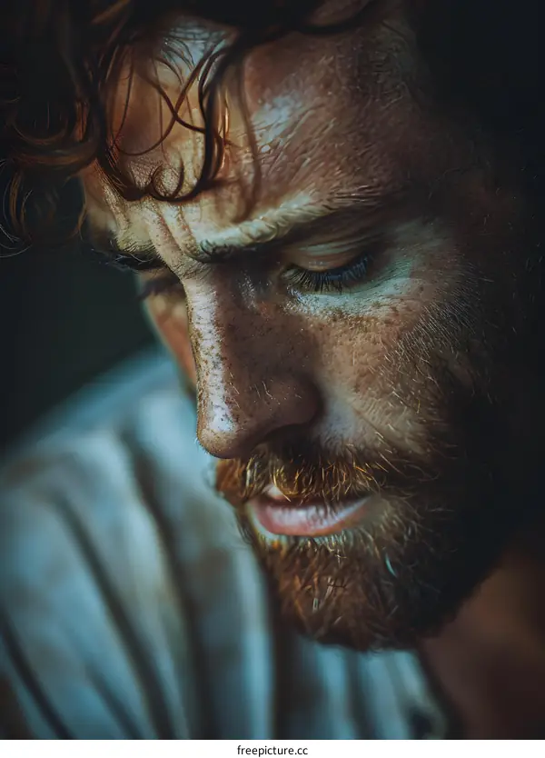 Portrait of a man with red hair and beard looking down